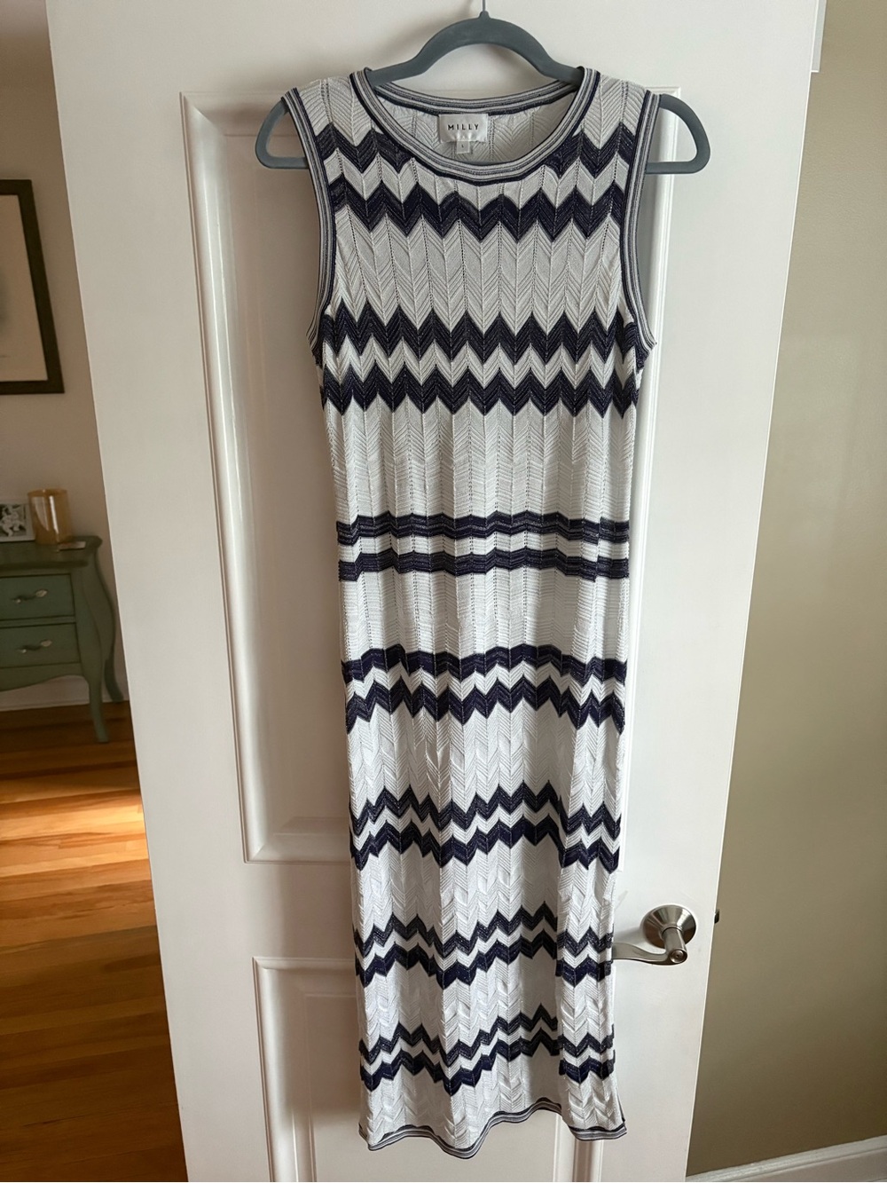 Milly Navy & White Sleeveless Chevron Knit Maxi Dress